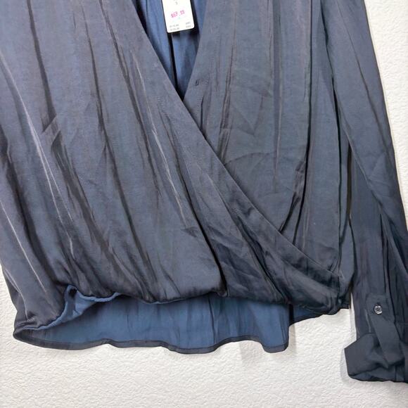 By Anthropologie Small Draped Crossover Roll Tab Sleeves Top Blouse Black - Picture 7 of 9